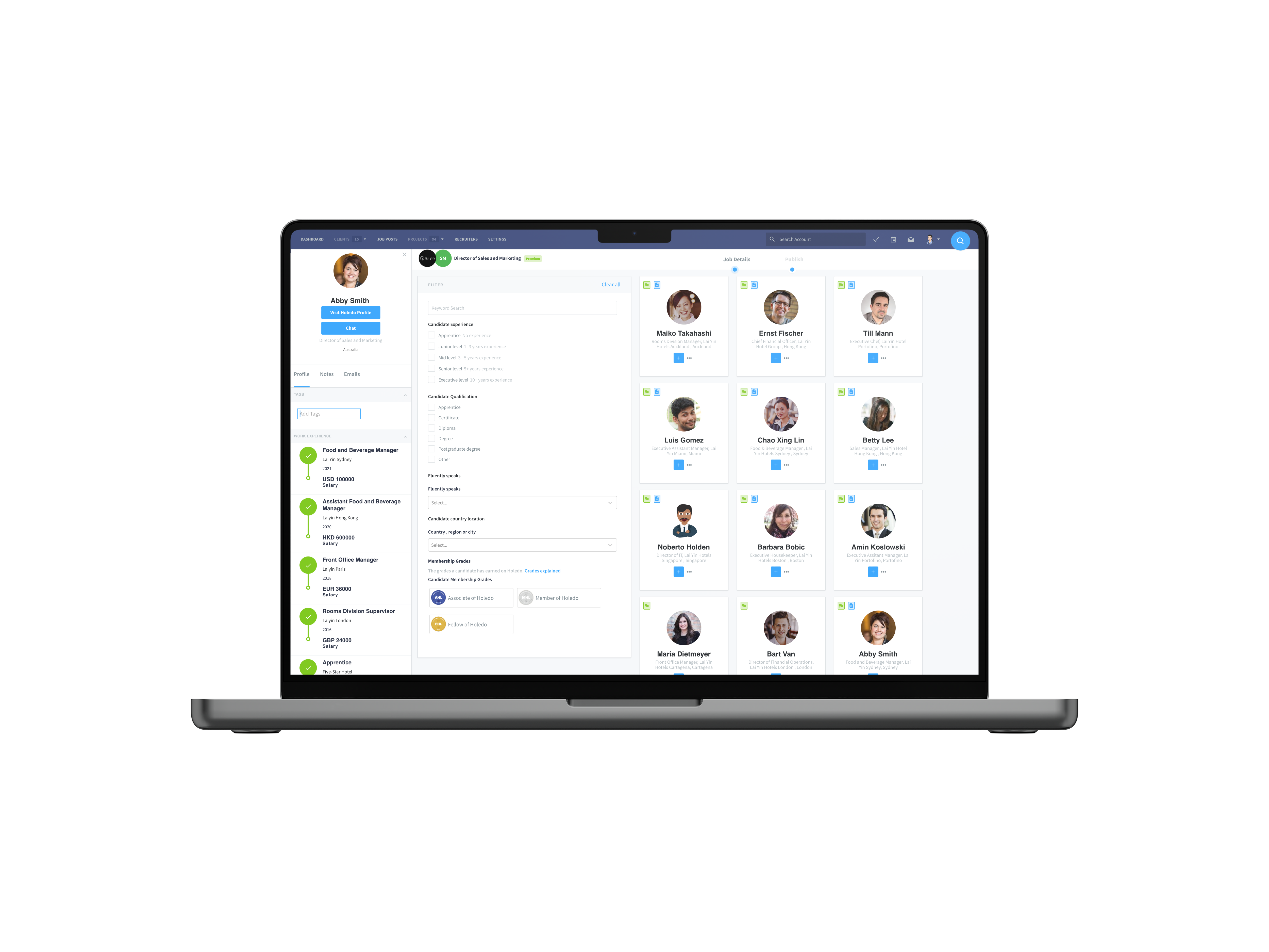 Holedo talent management and recruitment applicant view