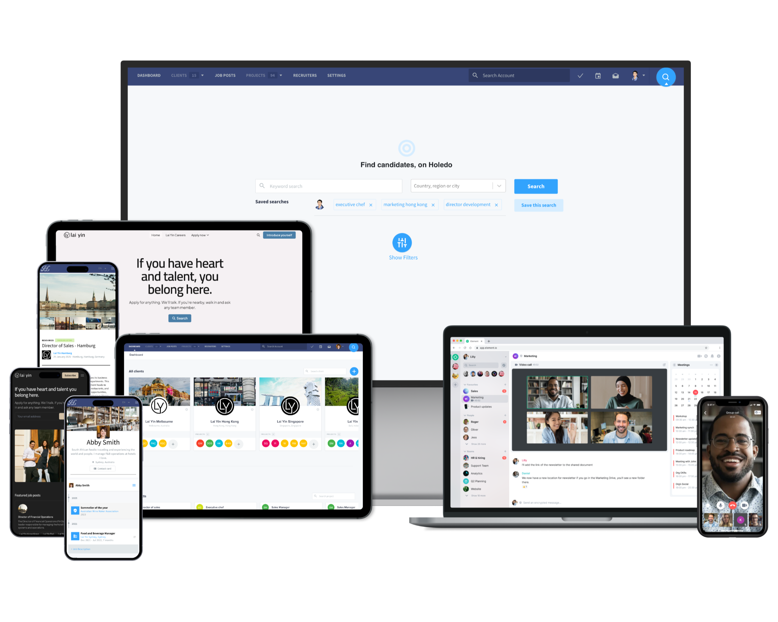 Holedo product shown across desktop, laptop and mobile screens