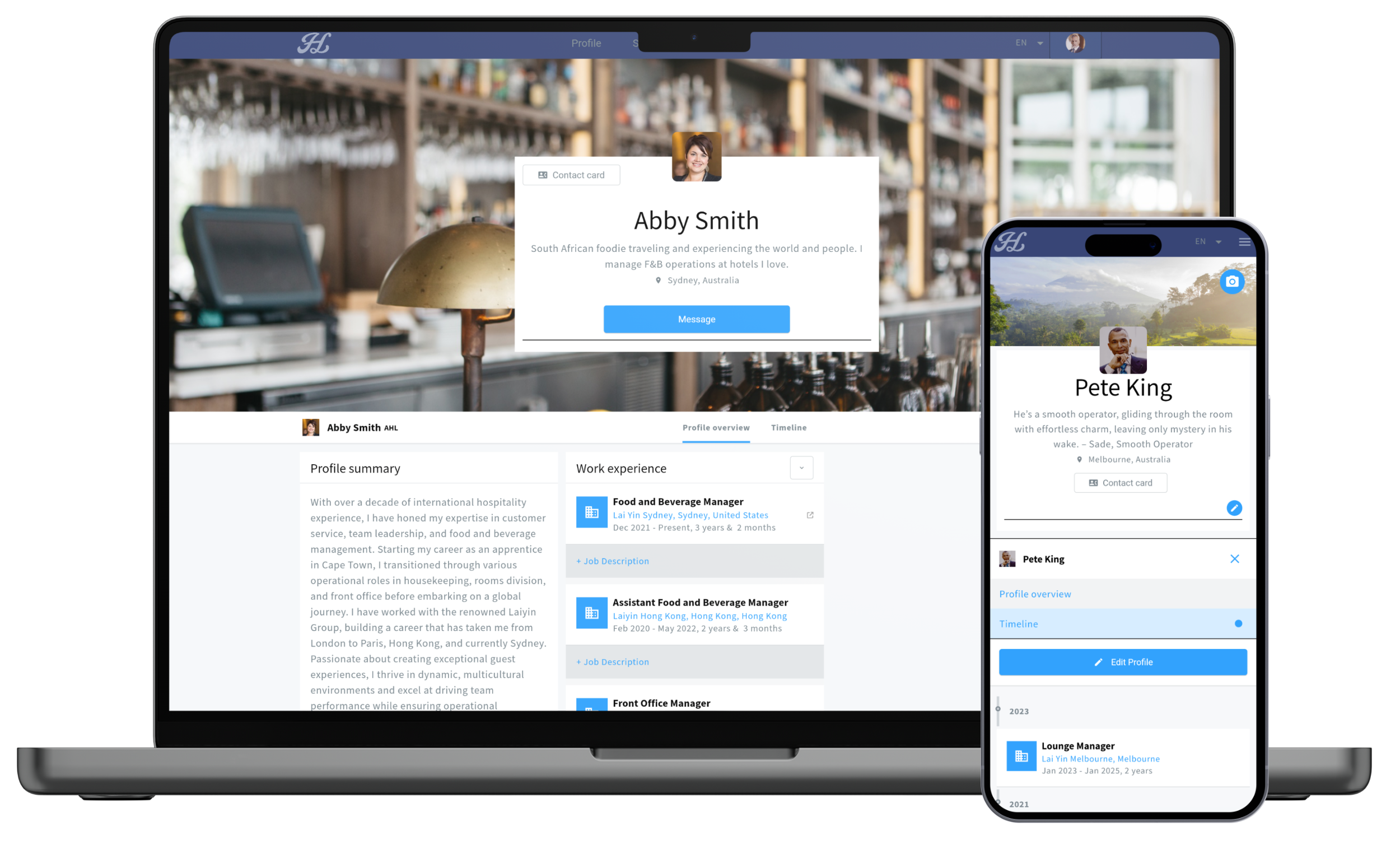 Holedo professional profiles across desktop and mobile
